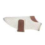 Beige quilted dog jacket with brown velcro strap on white background