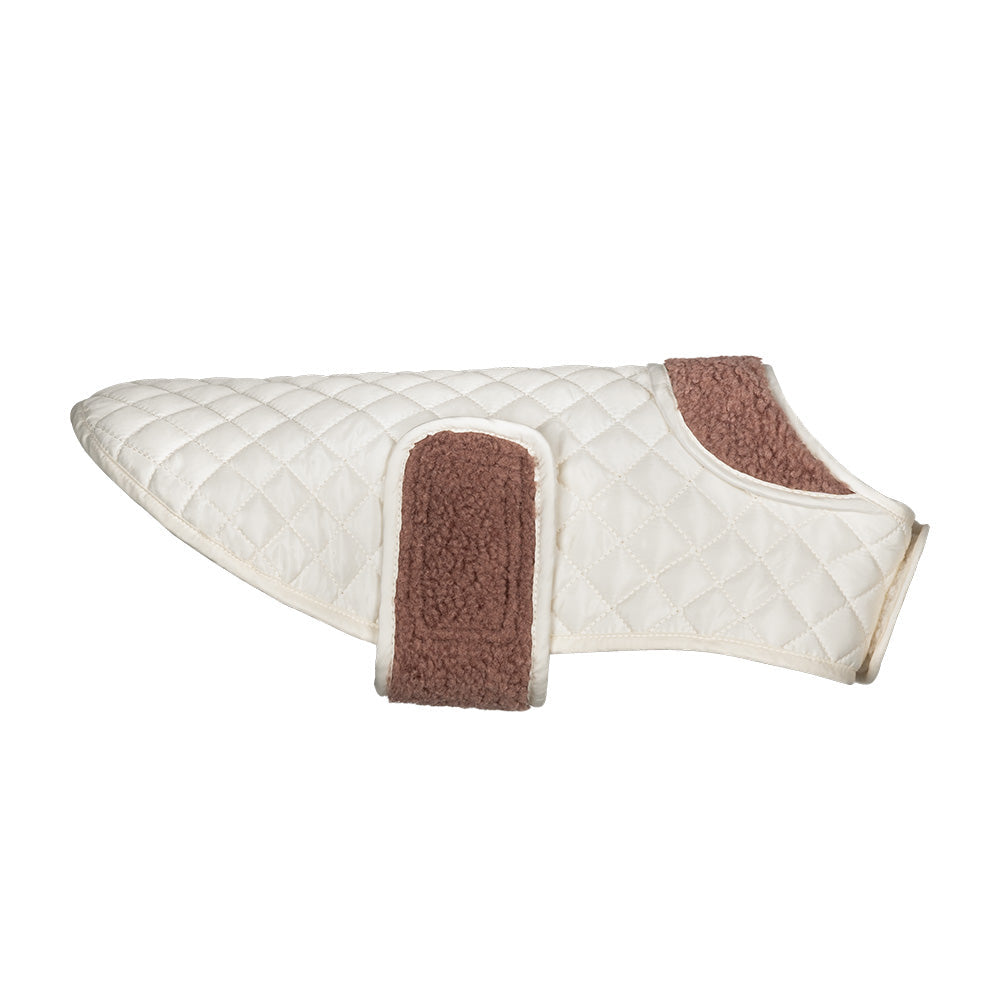 Beige quilted dog jacket with brown velcro strap on white background