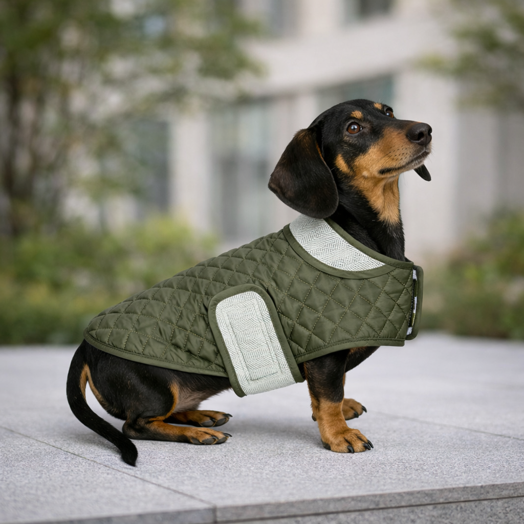 Dachshund sitting outdoors wearing green quilted dog jacket with velcro strap
