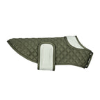 Green quilted dog jacket with velcro strap closure on white background