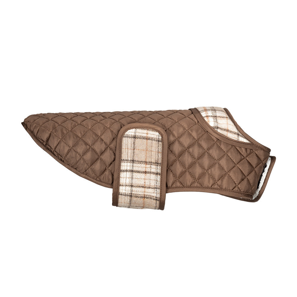 Brown quilted dog jacket with plaid velcro strap on white background
